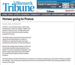 BismarckTribune Article du Bismarck Tribune (quotidien du Dakota du Nord) annonçant le départ vers la France des premiers chevaux Nokota