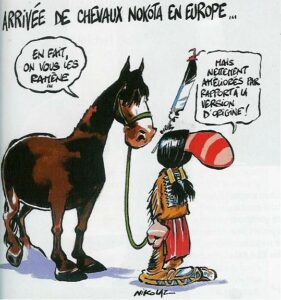 caricature Cheval Pratique Caricature de l'arrivée du Nokota en Europe, publiée dans Cheval Pratique lors de l'arrivée des Nokota au Nokota-Ranch en 2008