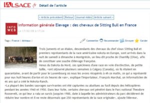 lalsace Article du quotidien régional "L'Alsace" annonçant l'arrivée des chevaux de Sitting Bull en France